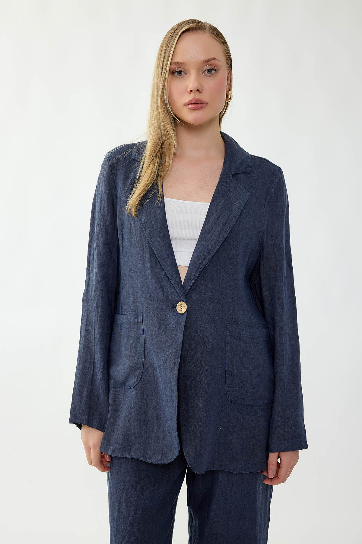 %100 Keten Tek Düğme Cepli Ceket - Thumbnail