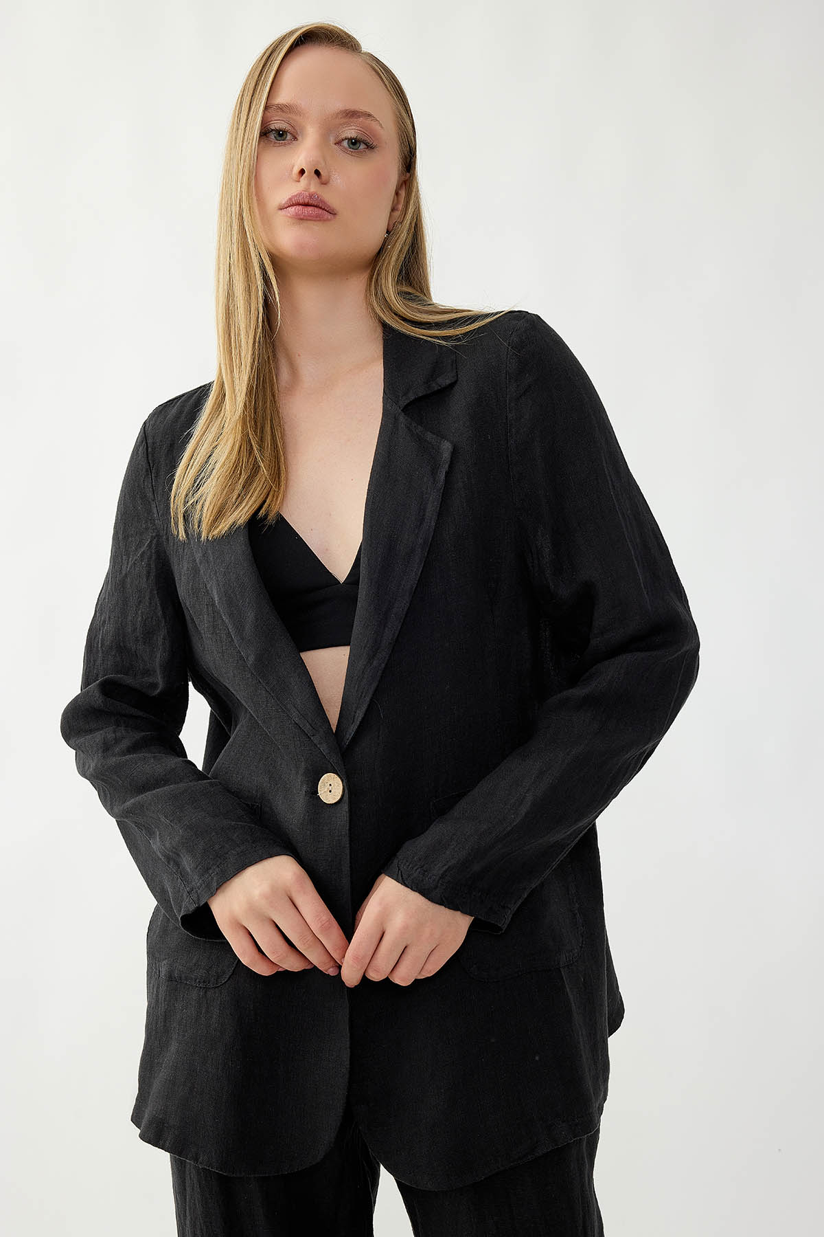 %100 Keten Tek Düğme Cepli Ceket - Thumbnail