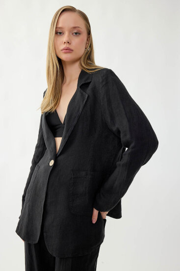 %100 Keten Tek Düğme Cepli Ceket - 36