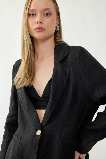 %100 Keten Tek Düğme Cepli Ceket - 37