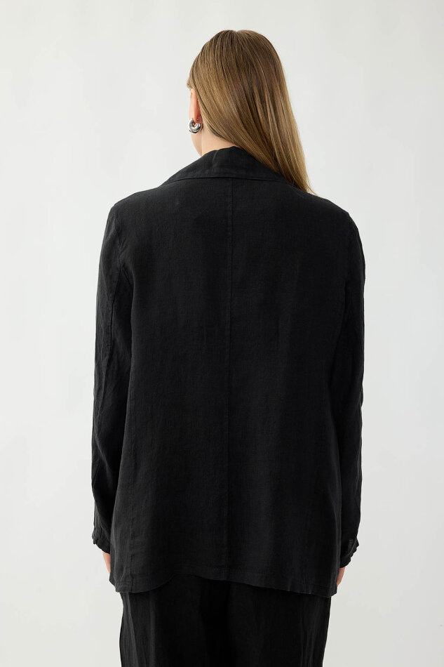 %100 Keten Tek Düğme Cepli Ceket - 38