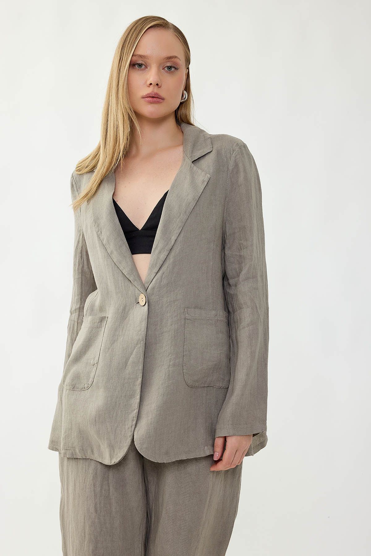 %100 Keten Tek Düğme Cepli Ceket - Thumbnail