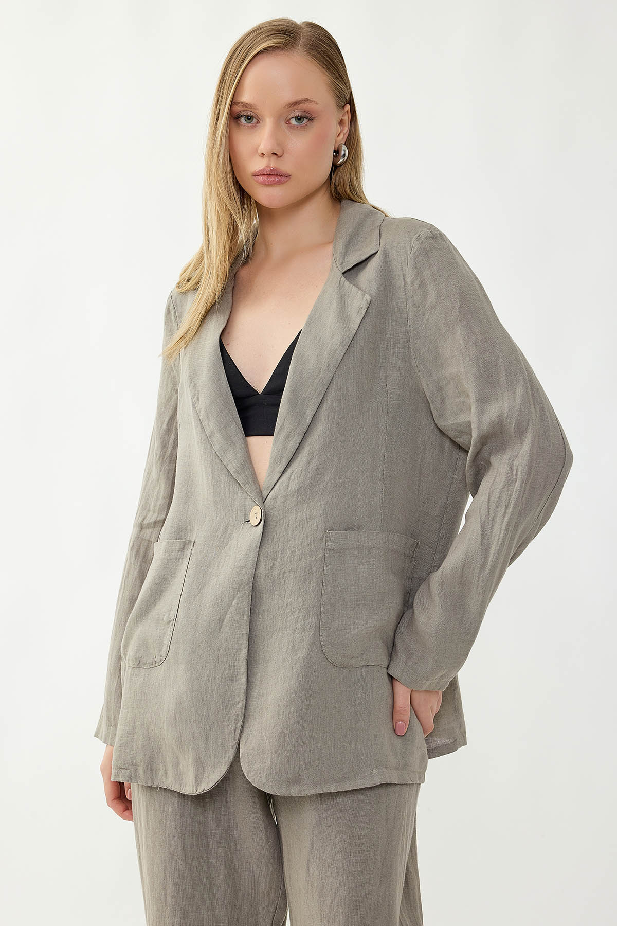 %100 Keten Tek Düğme Cepli Ceket - Thumbnail