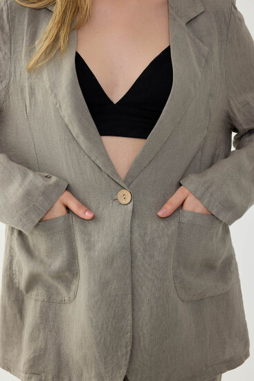 %100 Keten Tek Düğme Cepli Ceket - 42