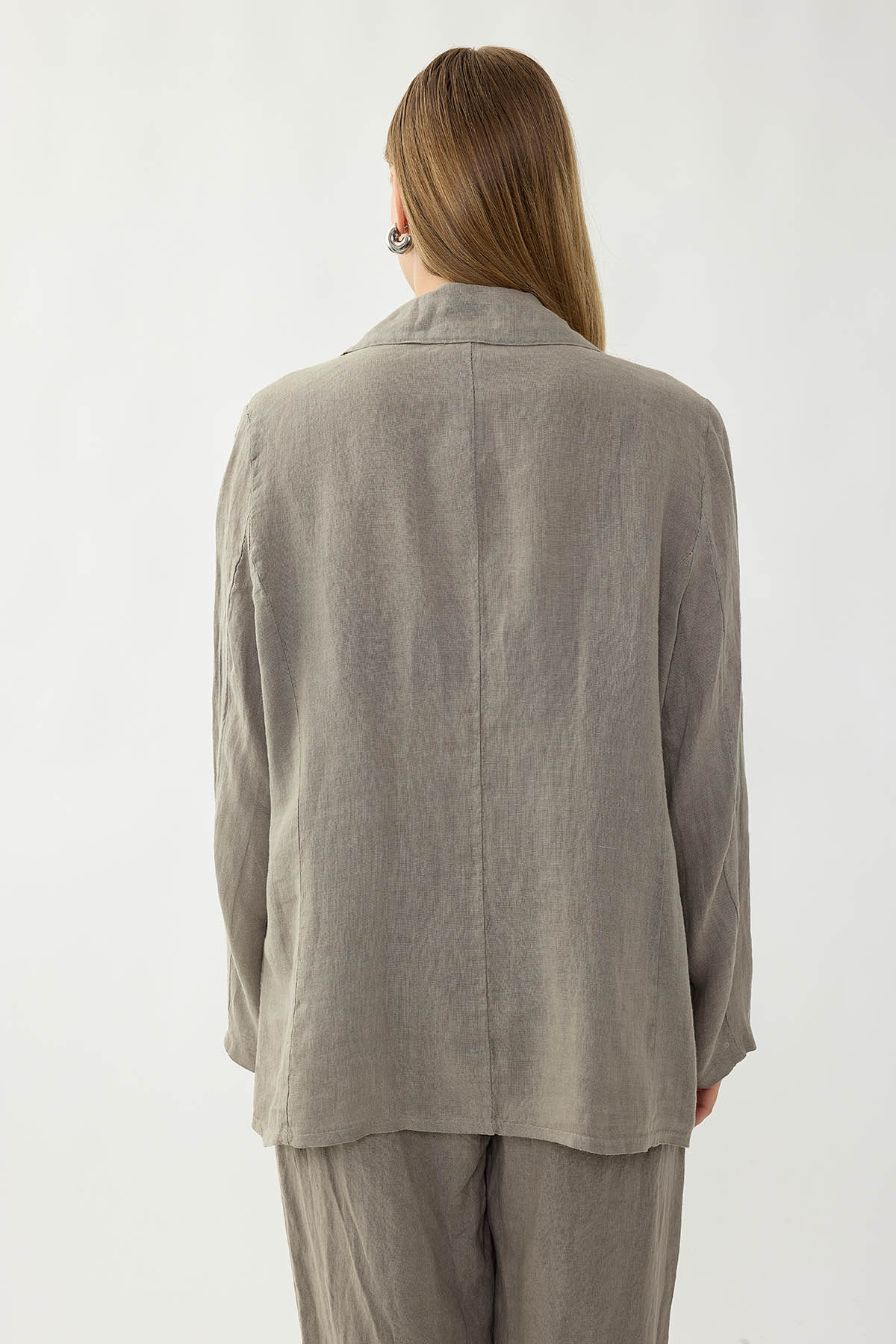 %100 Keten Tek Düğme Cepli Ceket - Thumbnail