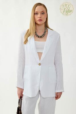 %100 Keten Tek Düğme Cepli Ceket (1)