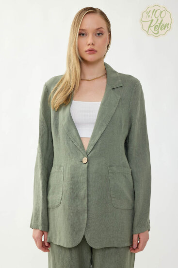 %100 Keten Tek Düğme Cepli Ceket - 7