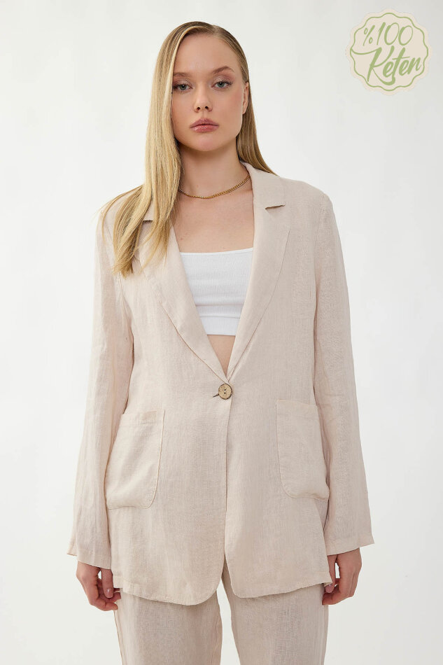 %100 Keten Tek Düğme Cepli Ceket - 15