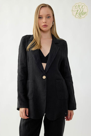 %100 Keten Tek Düğme Cepli Ceket - 34