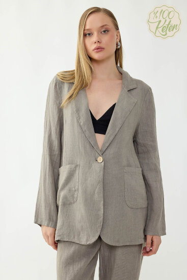 %100 Keten Tek Düğme Cepli Ceket - 39