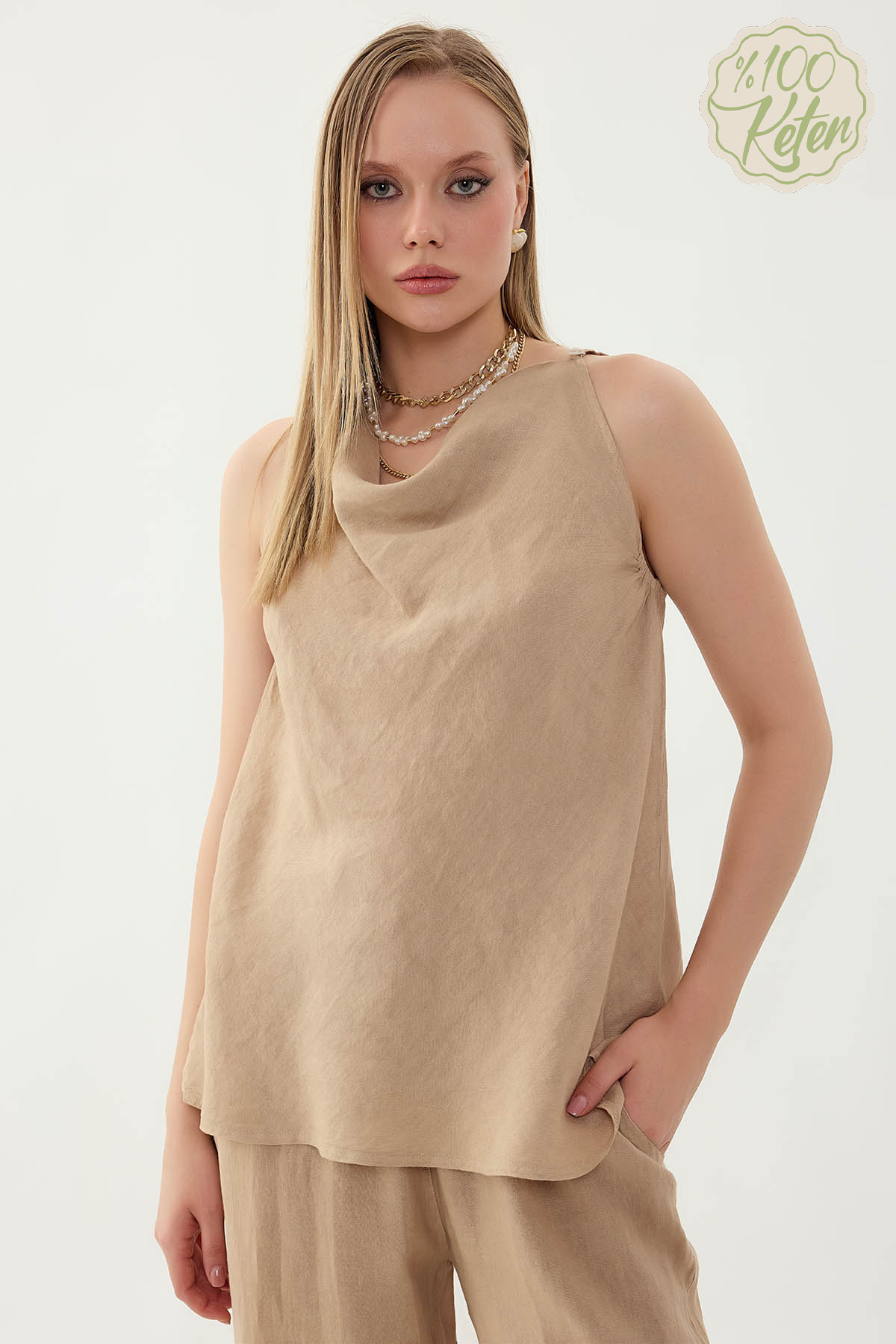 VİTRİN - %100 Keten Tek Düğme Sıfır Kol Bluz