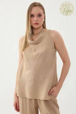 %100 Keten Tek Düğme Sıfır Kol Bluz