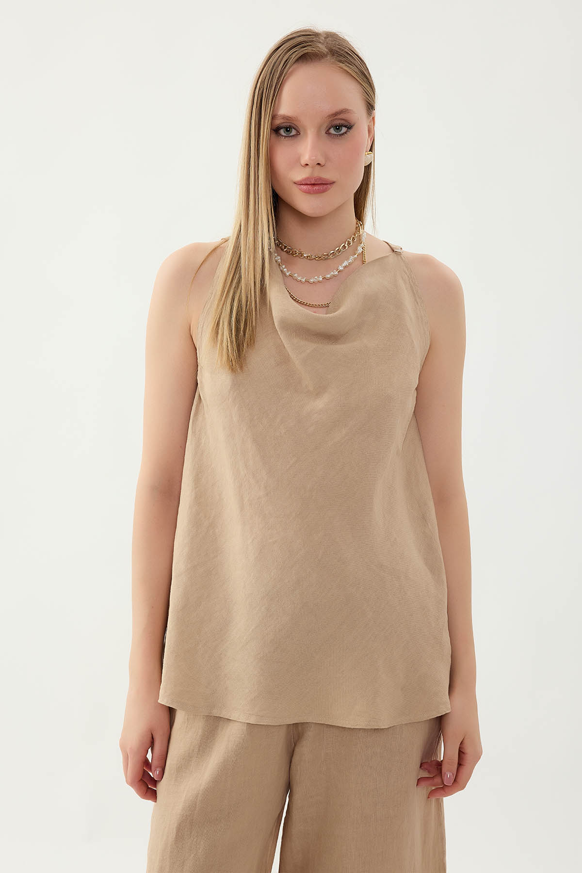 VİTRİN - %100 Keten Tek Düğme Sıfır Kol Bluz (1)