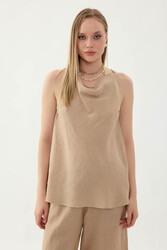 %100 Keten Tek Düğme Sıfır Kol Bluz (1)