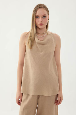 %100 Keten Tek Düğme Sıfır Kol Bluz (1)