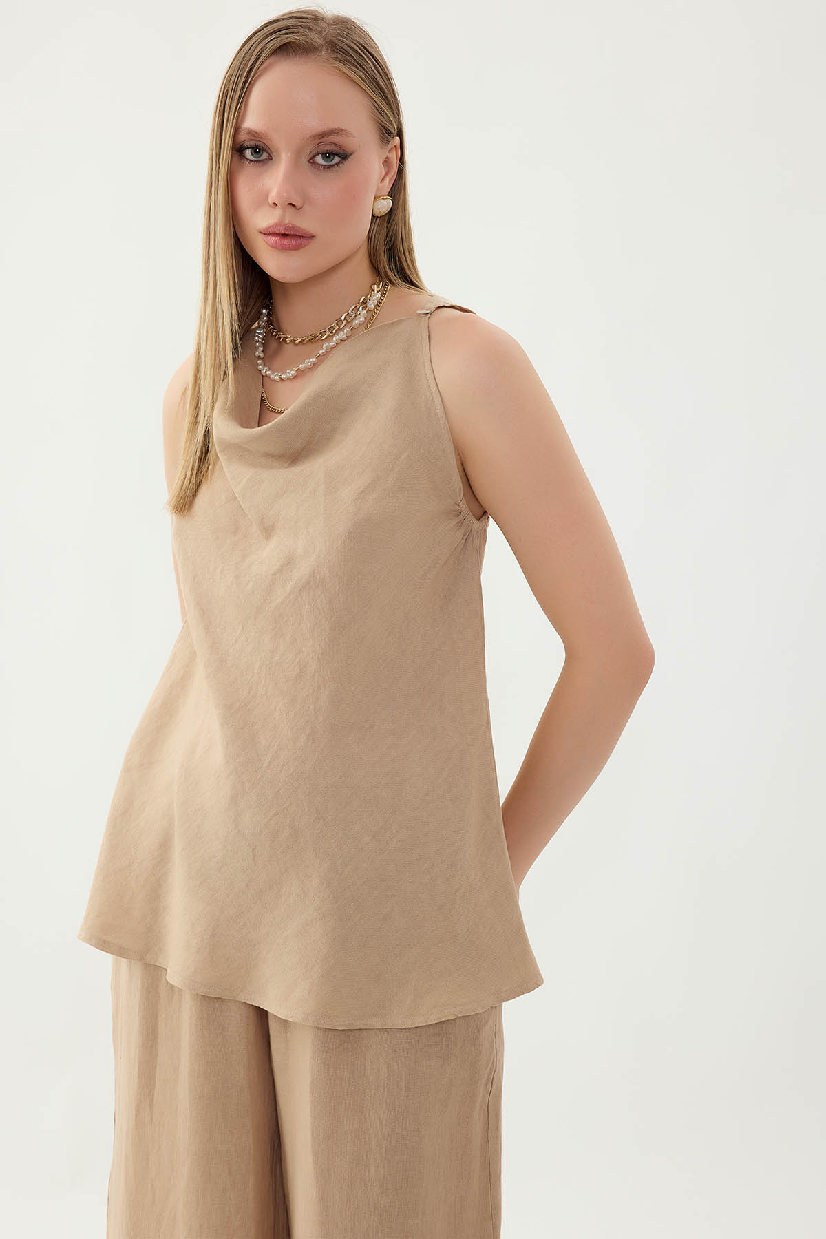 %100 Keten Tek Düğme Sıfır Kol Bluz - Thumbnail