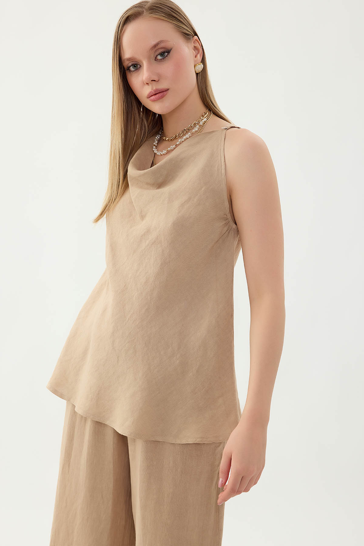 %100 Keten Tek Düğme Sıfır Kol Bluz - Thumbnail