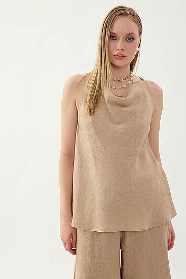 %100 Keten Tek Düğme Sıfır Kol Bluz - 6