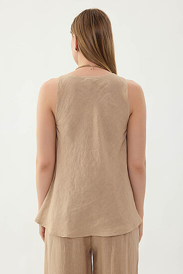 %100 Keten Tek Düğme Sıfır Kol Bluz - 5