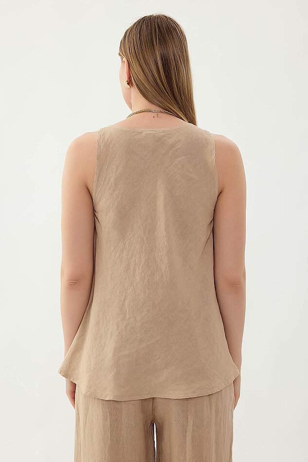 %100 Keten Tek Düğme Sıfır Kol Bluz - 5