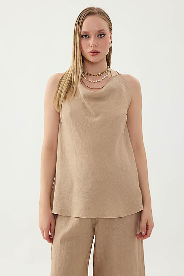 %100 Keten Tek Düğme Sıfır Kol Bluz - 8