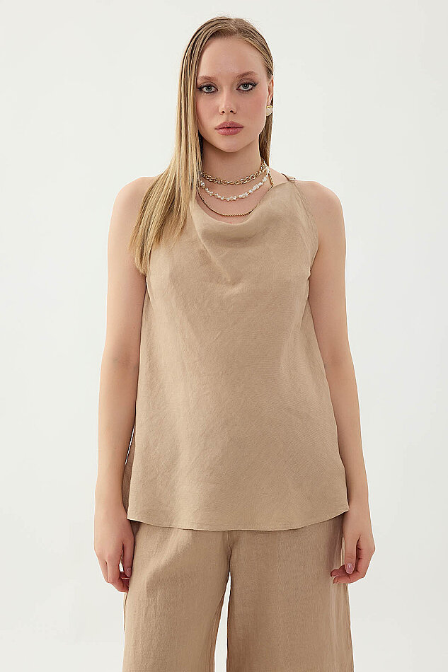 %100 Keten Tek Düğme Sıfır Kol Bluz - 8