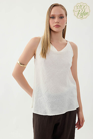 %100 Keten Tek Düğme Sıfır Kol Bluz - 9