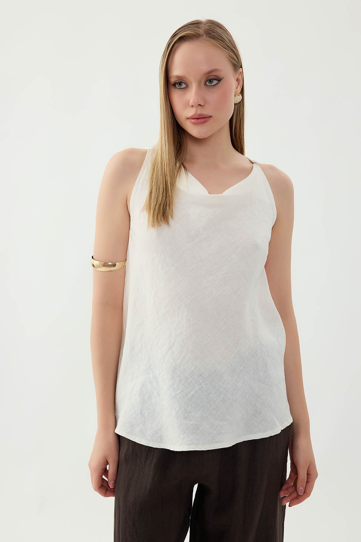 %100 Keten Tek Düğme Sıfır Kol Bluz - Thumbnail