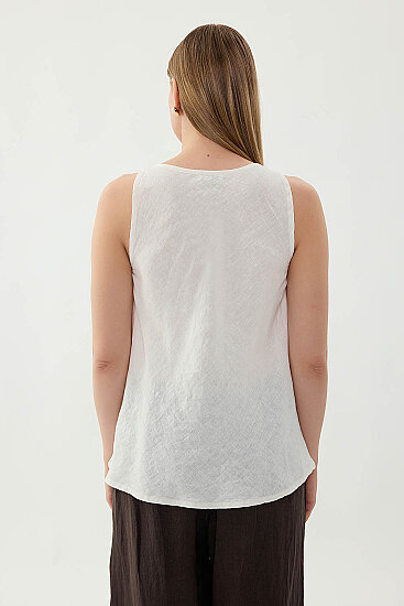 %100 Keten Tek Düğme Sıfır Kol Bluz - 13