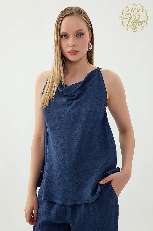 %100 Keten Tek Düğme Sıfır Kol Bluz - 14