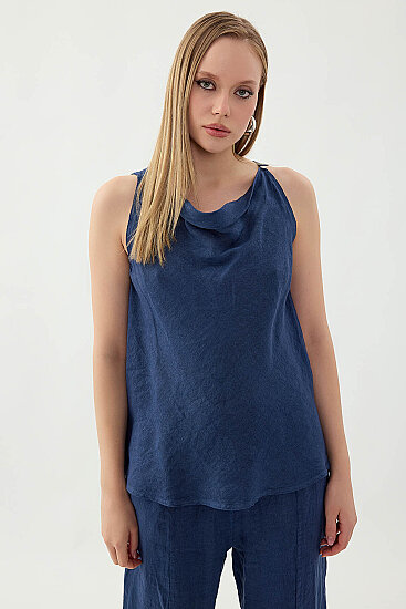 %100 Keten Tek Düğme Sıfır Kol Bluz - 15