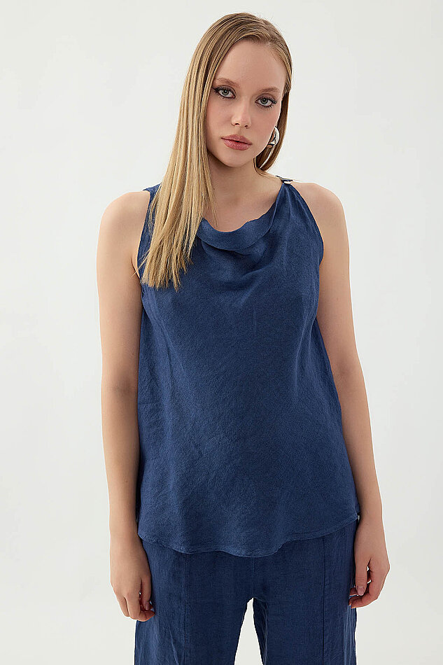 %100 Keten Tek Düğme Sıfır Kol Bluz - 15