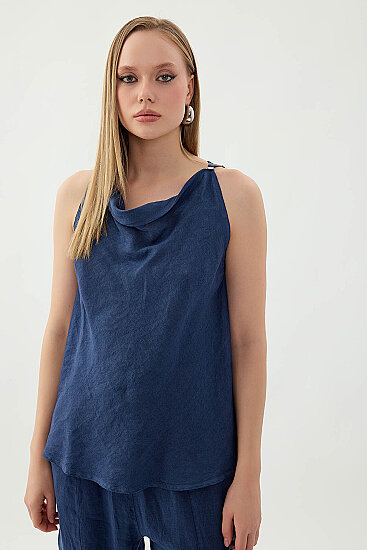 %100 Keten Tek Düğme Sıfır Kol Bluz - 16