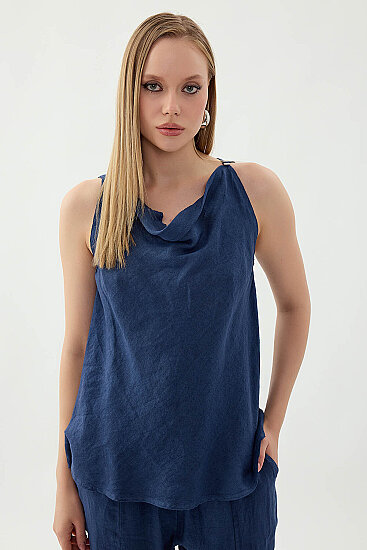 %100 Keten Tek Düğme Sıfır Kol Bluz - 17