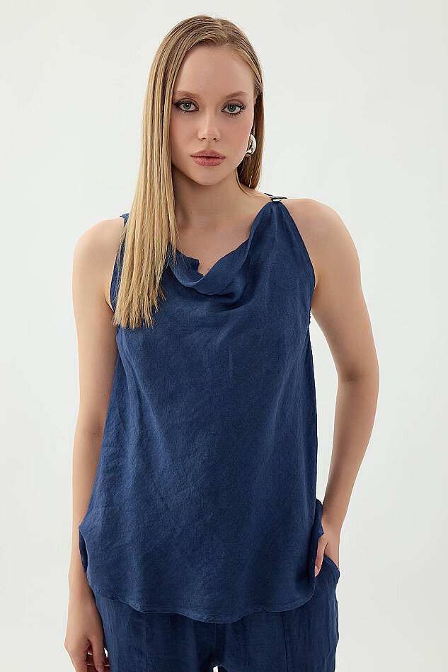 %100 Keten Tek Düğme Sıfır Kol Bluz - 17