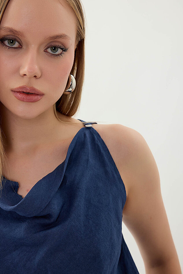 %100 Keten Tek Düğme Sıfır Kol Bluz - 19