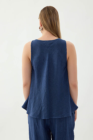 %100 Keten Tek Düğme Sıfır Kol Bluz - 18