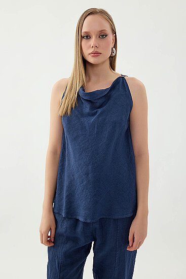 %100 Keten Tek Düğme Sıfır Kol Bluz - 20