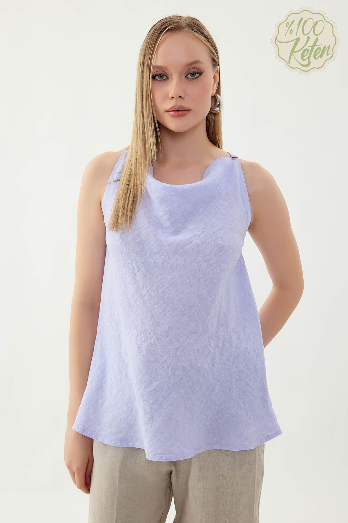 %100 Keten Tek Düğme Sıfır Kol Bluz - Thumbnail