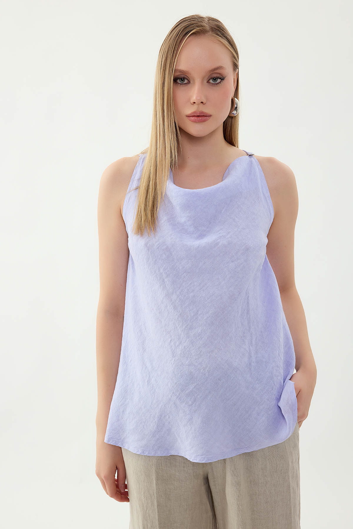 %100 Keten Tek Düğme Sıfır Kol Bluz - Thumbnail