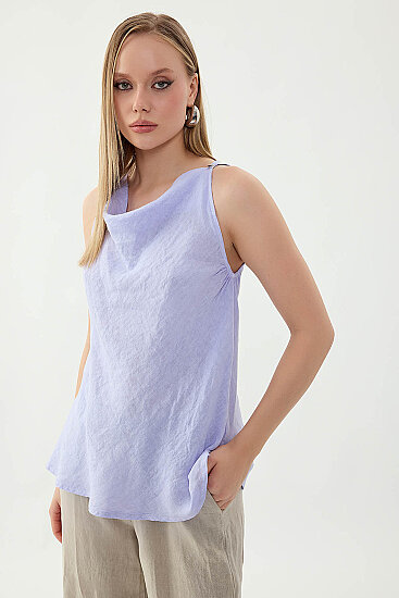 %100 Keten Tek Düğme Sıfır Kol Bluz - 23