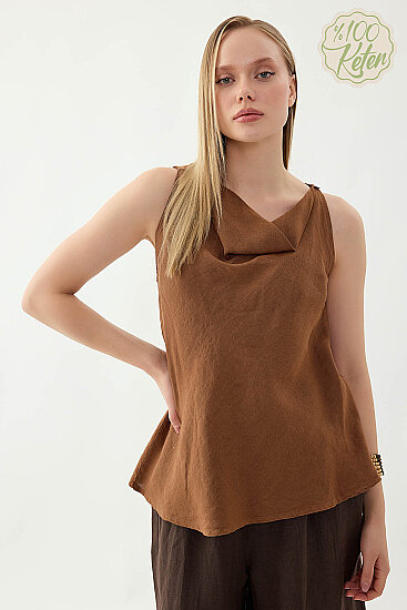 %100 Keten Tek Düğme Sıfır Kol Bluz - 26