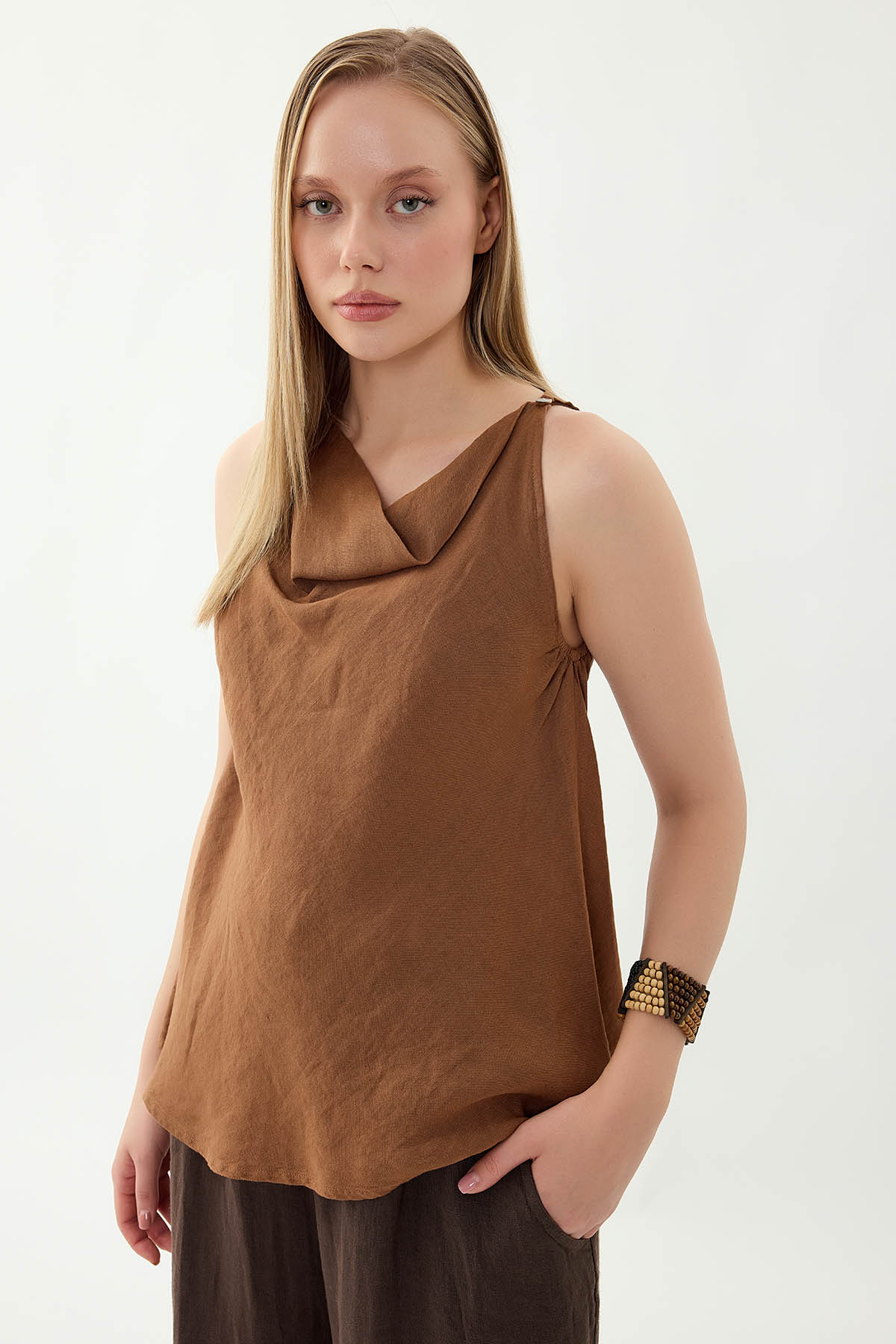 %100 Keten Tek Düğme Sıfır Kol Bluz - Thumbnail