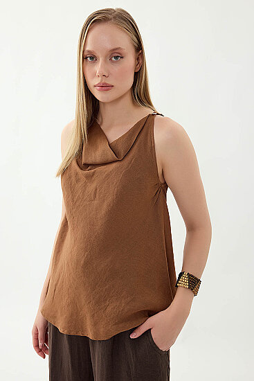 %100 Keten Tek Düğme Sıfır Kol Bluz - 27