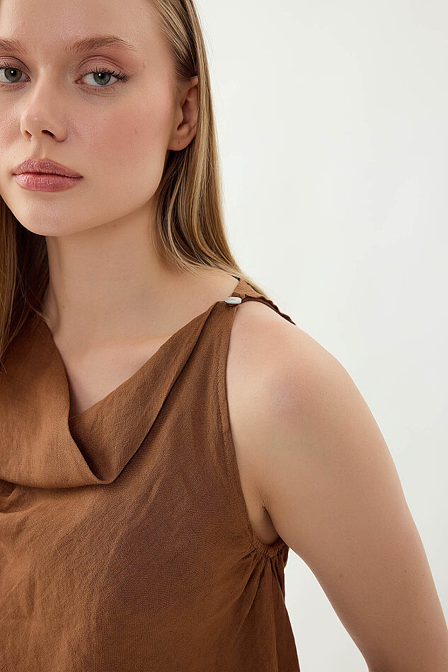 %100 Keten Tek Düğme Sıfır Kol Bluz - 28