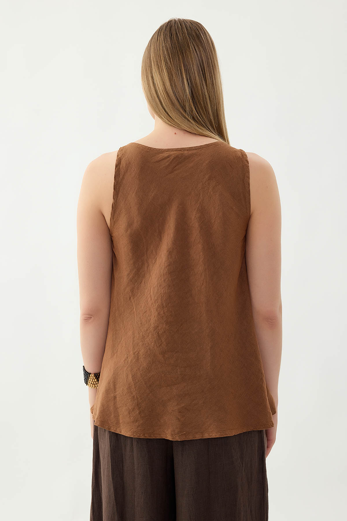 %100 Keten Tek Düğme Sıfır Kol Bluz - Thumbnail