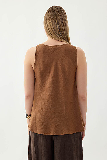 %100 Keten Tek Düğme Sıfır Kol Bluz - 30