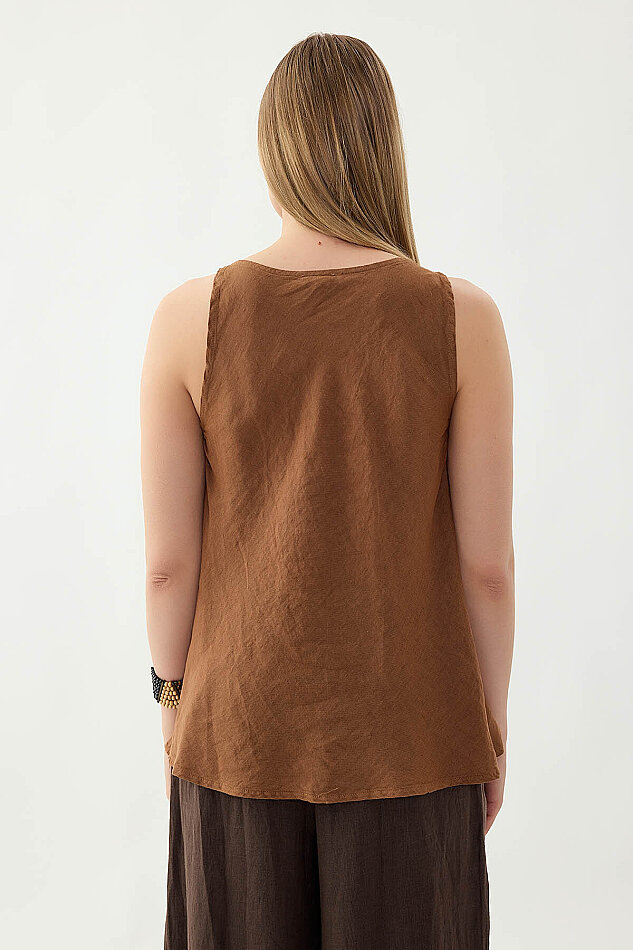 %100 Keten Tek Düğme Sıfır Kol Bluz - 30