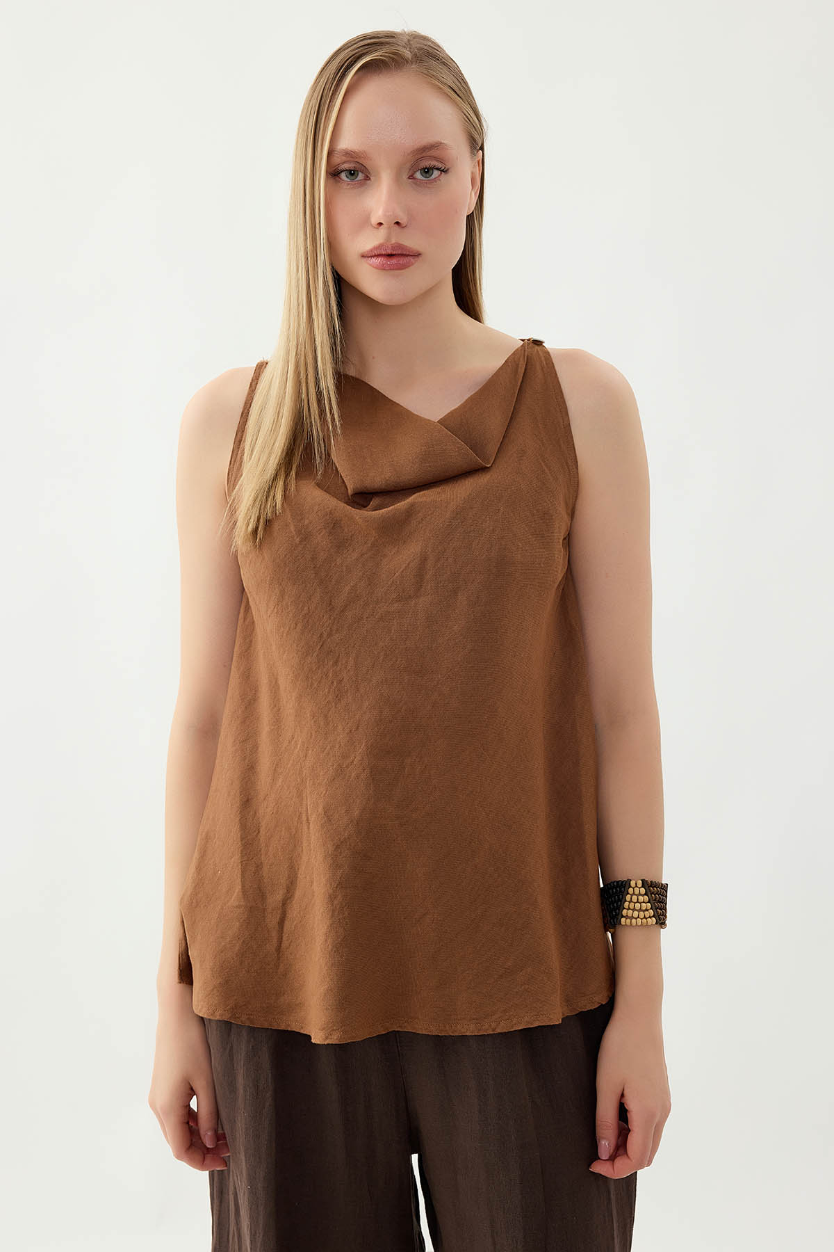 %100 Keten Tek Düğme Sıfır Kol Bluz - Thumbnail