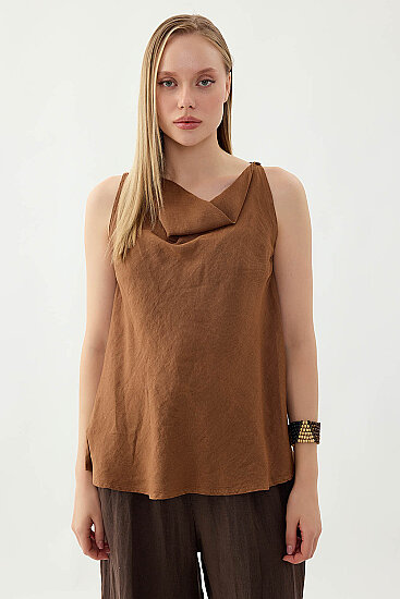 %100 Keten Tek Düğme Sıfır Kol Bluz - 29